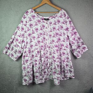 Ellos Button Front Blouse Purple Floral Cotton 5X Plus Size 3/4 Sleeve